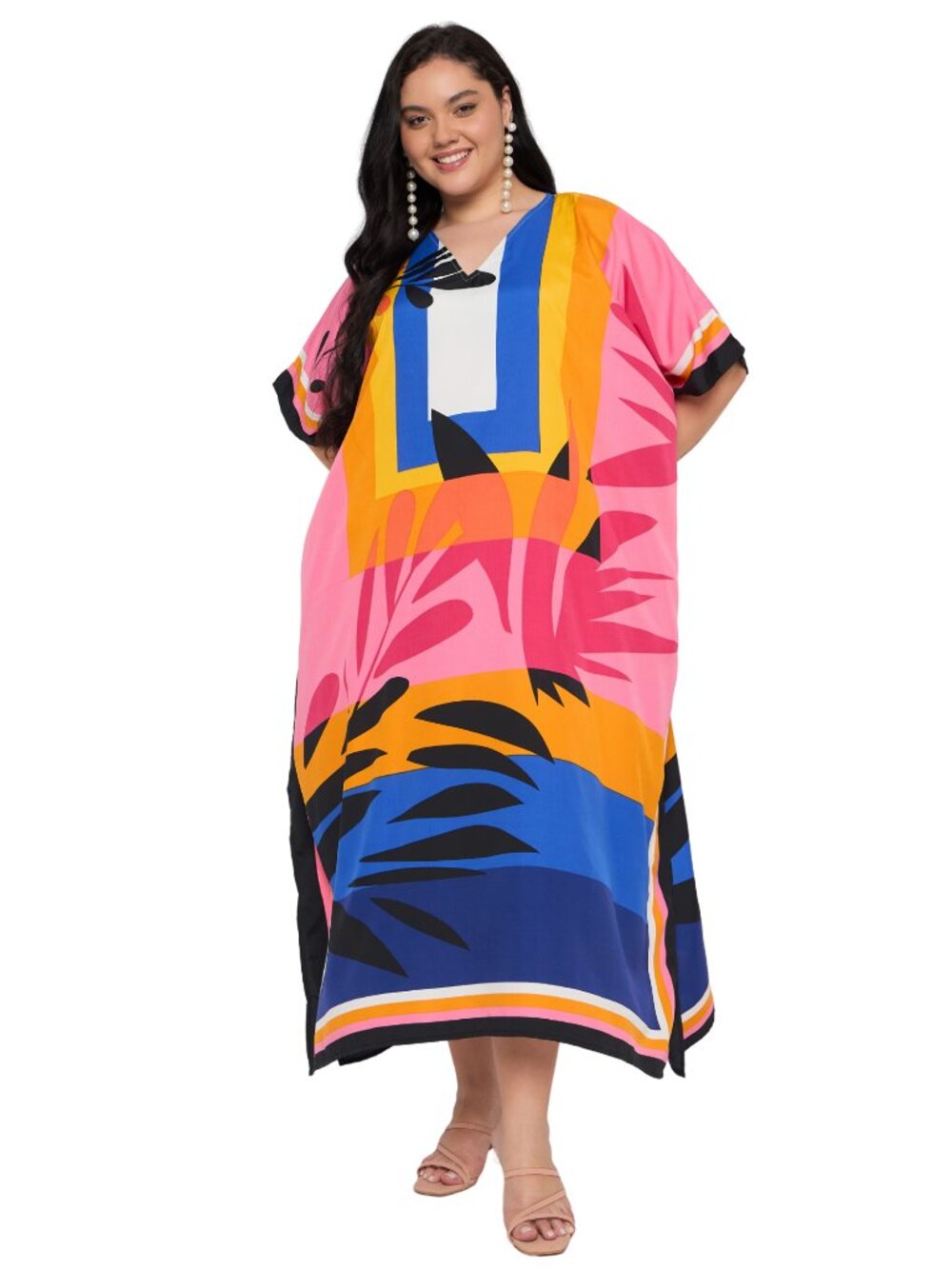 Women Plus Size Stylish Caftan Dress Leaf Printed Multicolor Beach Cover Up Maxi
